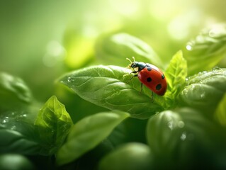 Fototapeta premium Ladybug on a leaf with dew drops