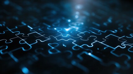 Glowing blue puzzle pieces connected in a futuristic pattern on a dark surface