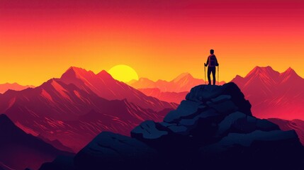 Fototapeta premium Majestic Sunset View from Mountain Peak with Silhouette of Hiker