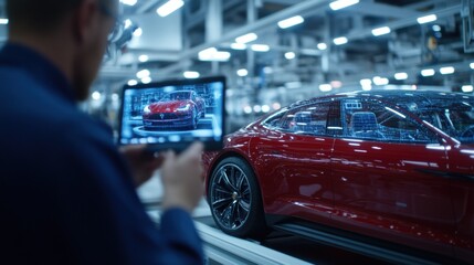 Futuristic tablet interface displaying car design in modern automotive manufacturing facility