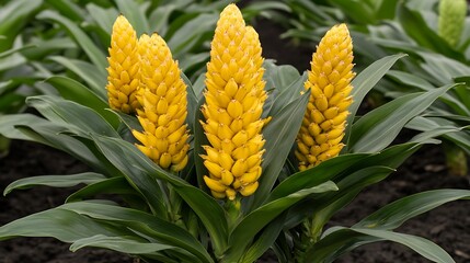 Obraz premium Close-up of three yellow flower spikes in a garden bed