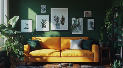 Beautiful Modern Living room Interior with furniture's ,mockup frame , posters, wall -3d Rendering