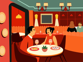 Restaurant interior, cafe, people dining, vector illustration