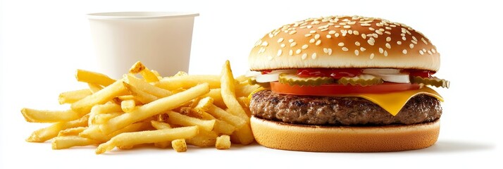 Cheeseburger Fries Meal Deal - Juicy cheeseburger, golden fries, and a refreshing drink. Classic fast food, satisfying hunger, simple meal, tasty treat, perfect lunch