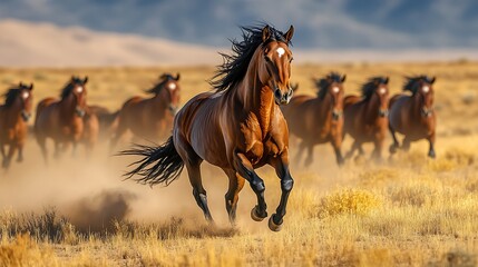 Fototapeta premium Wild Horses Running Desert Landscape