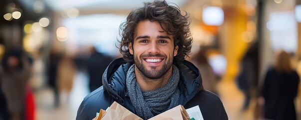 A shopper grinning with satisfaction as they hold up a shopping bag filled with discounted items, pride in their Black Friday success