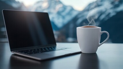 Serene workspace with laptop and steaming coffee in mountain retreat