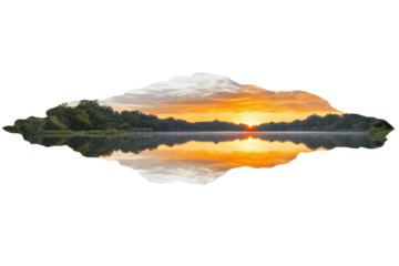 Vibrant sunrise over a tranquil river landscape, cut out