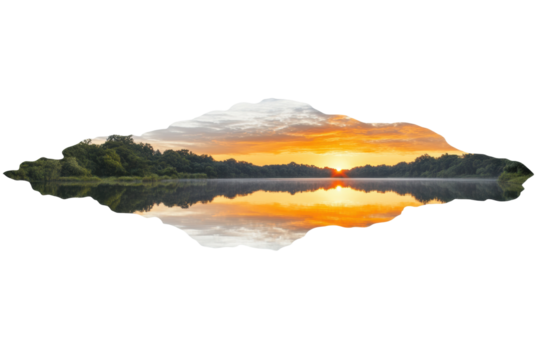 Vibrant sunrise over a tranquil river landscape, cut out