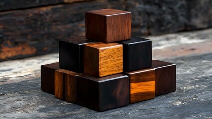 A pyramid structure made of wooden cubes in various shades, placed on a textured surface. Concept Pyramid Design, Wooden Cubes, Textured Surface, Color Variety, Artistic Composition