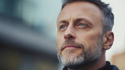 Obraz premium Mature executive with grey beard and pensive gaze, reflecting on professional challenges while looking upward