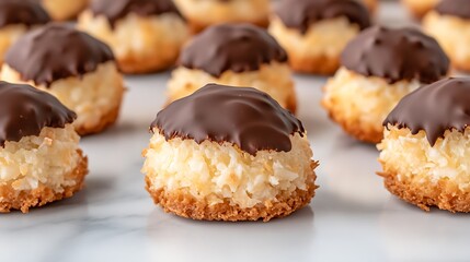 Coconut macaroons in a close-up, arranged on marble. Ideal for dessert recipes or food blogs