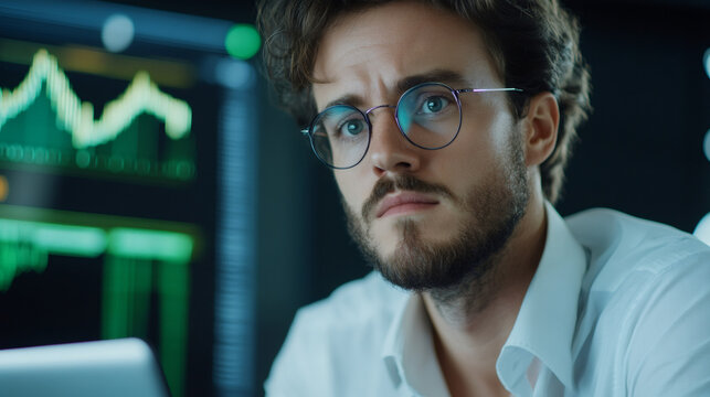 Financial analyst working late at night in the office analyzing charts and data on multiple computer screens