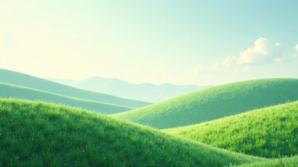 Obraz premium Serene Rolling Hills Landscape Under a Soft, Pale Sky A Pastoral Scene of Undulating Green Meadows and Distant Mountains at Dawn
