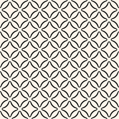 Simple minimalist abstract geometric seamless pattern. Black and white vector texture with small rounded shapes in regular grid, diamonds, rhombuses. Monochrome geo background. Repeatable design