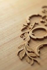 Intricate Wooden Carving Detail on Light Brown Surface, Featuring an Ornate Floral Design with Delicate Leaf and Swirl Motifs, Showcasing the Craftsmanship and Elegance of Woodworking