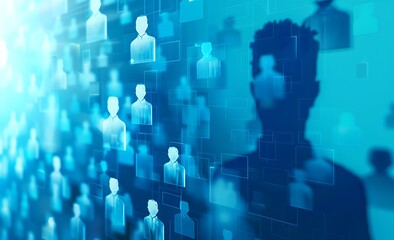 an avatar on the screen, with many avatars floating in front and behind it. The background is a blue gradient