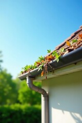 Rooftop Gutter Overflowing with Lush Greenery and Autumn Leaves Under a Bright Sunny Sky