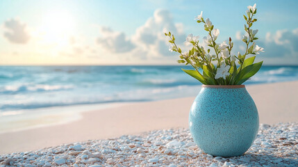 A small ceramic vase resting on a pebble beach, symbolizing simplicity and modern elegance, surrounded by calm, natural beauty
