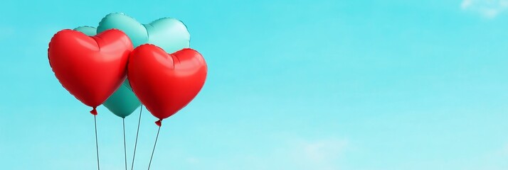 Heart Balloons Floating in Sky - Three heart-shaped balloons, two red and one teal, ascend against a light blue sky. Perfect for Valentine's Day, love, and romance themes