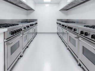 Commercial kitchen equipment setup modern restaurant interior design industrial space wide angle culinary innovation