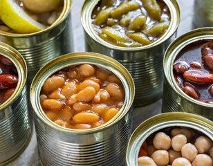 Assortment of Canned Preserves in Tin Open Cans &ndash; Fish, Beans, Vegetables, and Fruits, Food Stocks, Side View