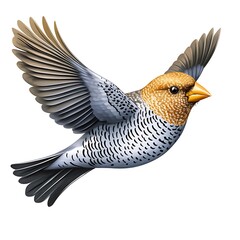 Fototapeta premium Colorful bird flying alone with wings spread, isolated on white, use for design