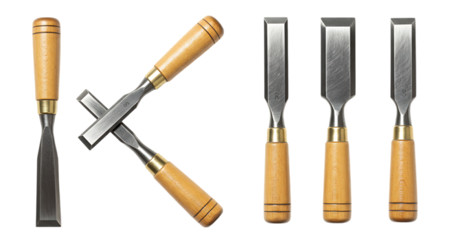 Assortment of Wood Chisels with Wooden Handles on a Black Background