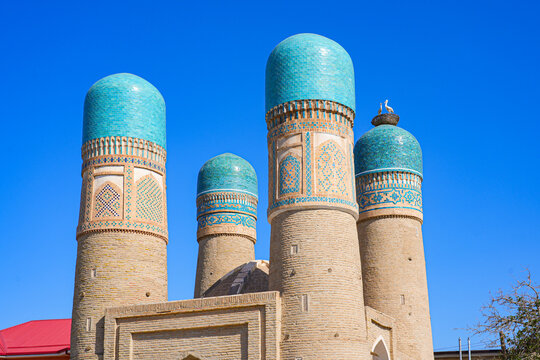 Blue ceramic tiles mosaic on Chor Minor aka the Madrasah of Khalif Niyaz-kul, in the historic city of Bukhara, Uzbekistan, Central Asia