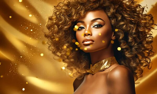 Elegant afro american woman with voluminous curly hair and golden makeup, glowing skin, luxury beauty concept
