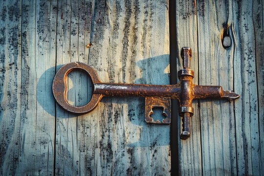 Rusty vintage key mounted on an aged wooden door with a weathered texture and intricate design details - Powered by Adobe