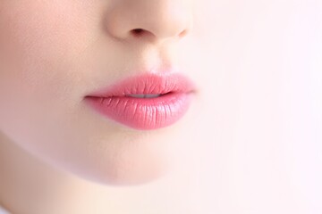 Fototapeta premium Close-up of smooth lips adorned with glossy pink lipstick showcasing a beauty trend in an indoor setting