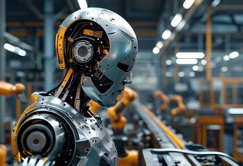 Fototapeta premium Advanced humanoid robot working in a modern manufacturing facility during daylight hours observing robotic assembly line