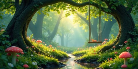 Enchanted Forest Stream with a Rustic Wooden Swing Hanging from Ancient Trees, Surrounded by Luminous Mushrooms and Lush Greenery
