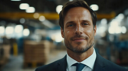 Fototapeta premium Confident businessman smiling in a modern industrial facility, showcasing leadership and success in manufacturing
