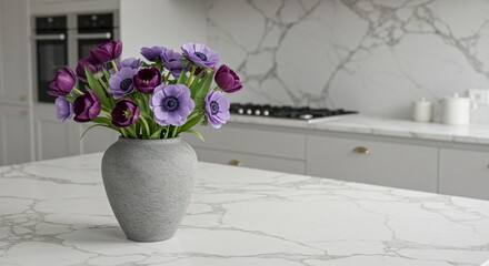 Purple and Lavender Flowers Arrangement in Vase on Kitchen Counter
