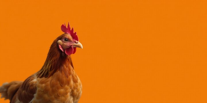 A Vibrant Brown Hen Poses Against a Bold Orange Background, Showcasing its Detailed Plumage and Striking Comb in a Simple, Eye-Catching Composition.
