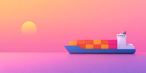 Cargo ship at sunset. The vibrant pastel sky illuminates a vessel filled with shipping containers, symbolizing global trade and logistic transport.
