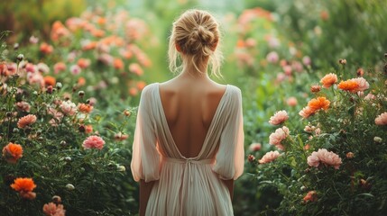 Woman Walking Through a Blooming Rose Garden During Golden Hour