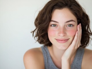 Naklejka premium Portrait of a Smiling Young Woman with Freckles
