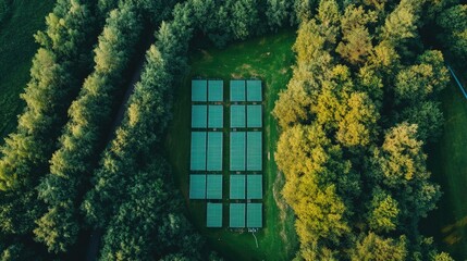 Aerial View of Solar Panels in a Green Forest