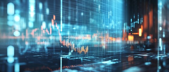 A digital graph pulses with vibrant colors, depicting dynamic market trends and data analytics against a dark, futuristic background.