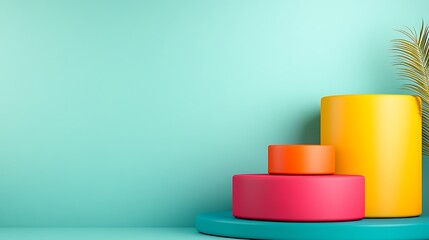 Colorful geometric display podiums on teal background with tropical foliage