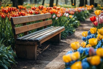 Vibrant park bench scene amidst colorful tulips in mild weather, inviting a sense of peace and tranquility. Concept: park bench scene promotes relaxation and appreciation of nature.