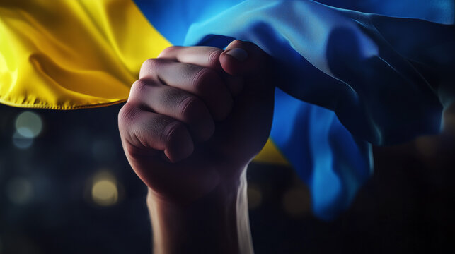 pu&ntilde;o cerrado, texturas hiperrealistas, iluminaci&oacute;n espectacular, sujetando una bandera ucraniana completamente coloreada