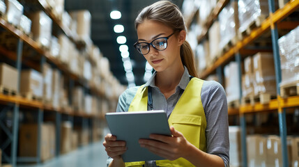 Caucasian female manager in modern warehouse managing logistics