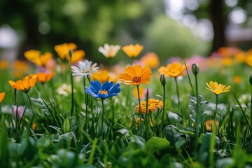 Obraz premium Colorful Wildflowers Bloom in a Lush Meadow During Springtime Near a Sunny Landscape