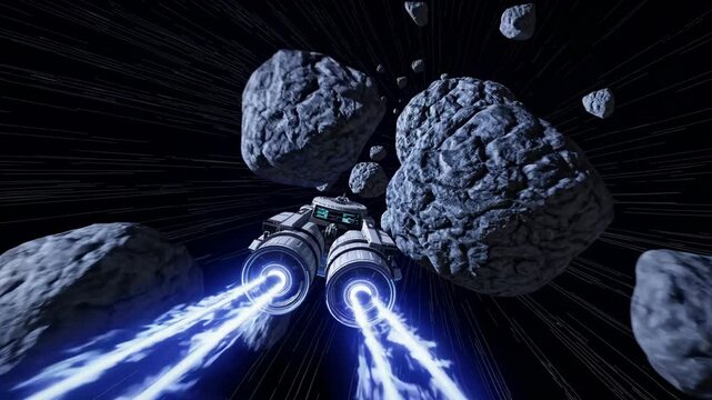 A futuristic spaceship navigating through an asteroid field with glowing thrusters, moving at high speed. Concept of space travel and intergalactic adventure