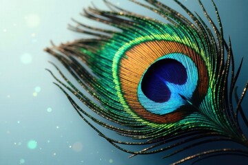Obraz premium A Single Vibrant Peacock Feather with Iridescent Hues and Detailed Texture on a Soft Blue Background