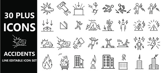 Accidents Icon Set for Car Crashes, Fire Hazards, Injuries, and Emergency Situations.
